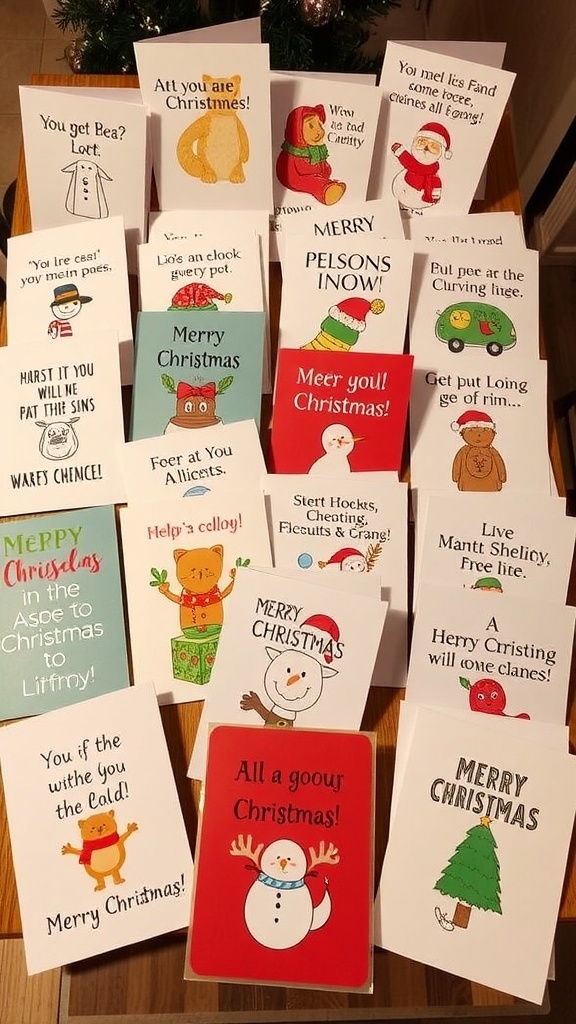 A variety of funny Christmas cards with humorous messages and illustrations on a festive table.